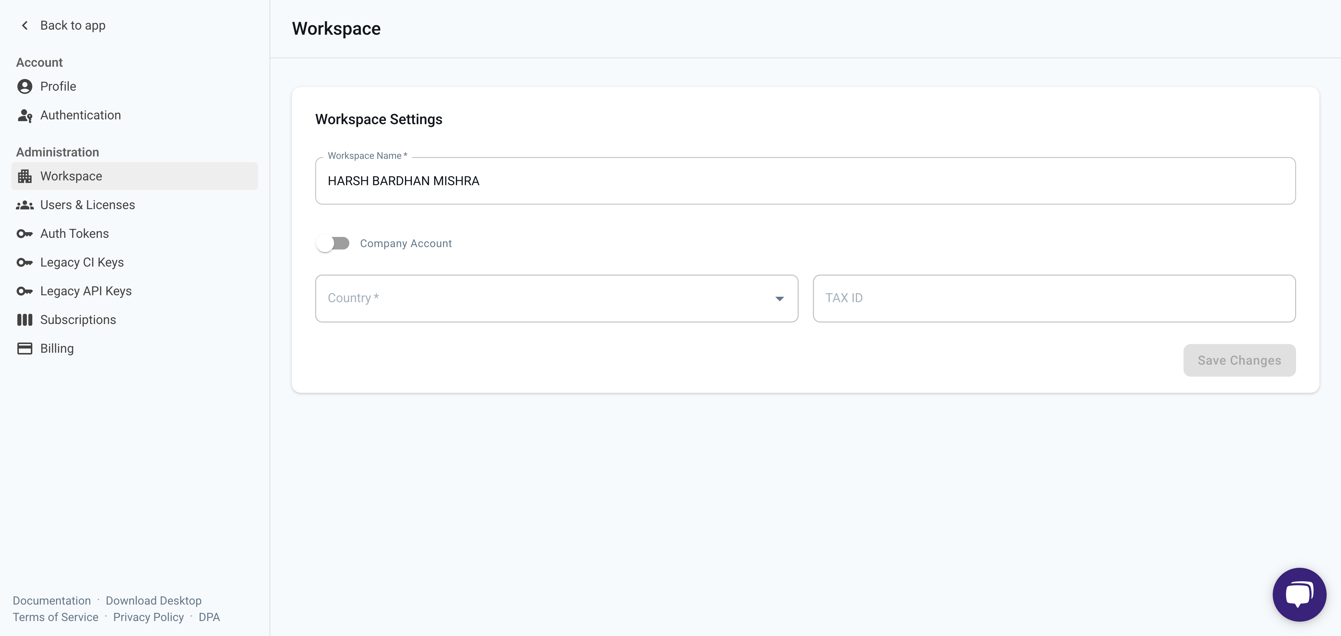 Administration settings for workspace